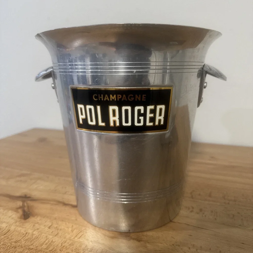 VTG French Pol Roger Champagne Ice Bucket With Black And Gold Label Metal